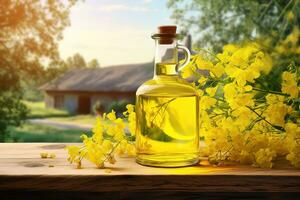 Rapeseed oil in a glass bottle. Composition with yellow canola flowers against a natural background. AI generated. AI generative. photo