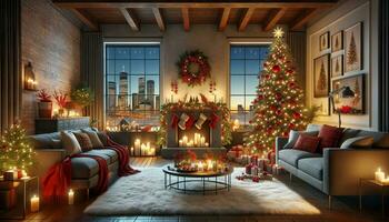 AI generated Christmas themed indoor scene and city skyline in the background. Generative AI. photo
