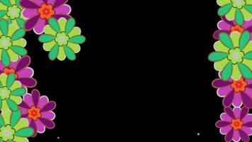 Retro black background. Animated birth of flowers. Floral drawing animation in flat design video