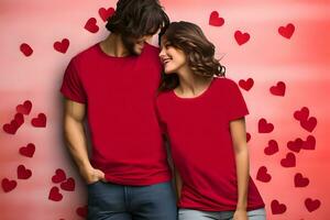 ai generado hombre y mujer vistiendo blanco rojo camiseta, enamorado Pareja rojo camisa Bosquejo foto