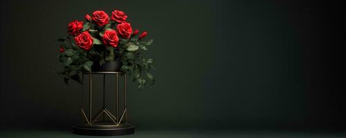 AI generated Smooth Textured Red Roses with Sharp Thorns Displayed on a Stand Against a Dark Green and Black Backdrop   Romantic Valentines Day Scene photo