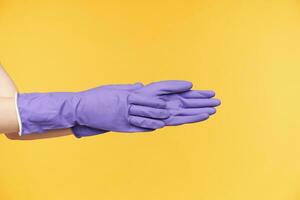 Side view of two hands being folded together while posing over yellow background in violet rubber gloves, preparing for cleaning the house. House and everyday life concept photo