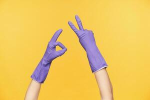 Studio photo of raised hands in violet rubber glove showing peace and victory gestures while being isolated over yellow background, making break with spring cleaning