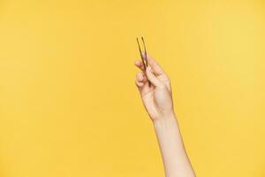 Studio shot of young female's well-groomed hands keeping tweezers while posing over orange background. Young woman is going to form her eyebrows photo