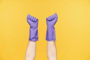 Front view of raised hands of young woman being dressed in violet rubber gloves posing over yellow background while preparing for spring cleaning photo