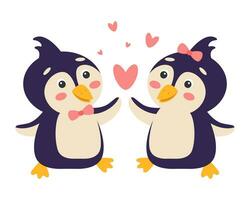 A couple of penguins in love. Valentines day. Vector illustration.