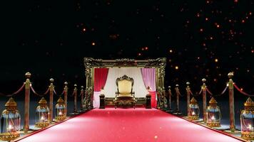 animation of red carpet with gold barriers leading to a red luxury armchair, vip concept video