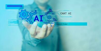 Businessman holding virtual graphic AI, Artificial Intelligence using command prompt for generating something photo