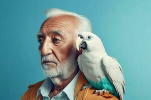 AI generated Elderly man white parrot blue studio. Generate Ai photo