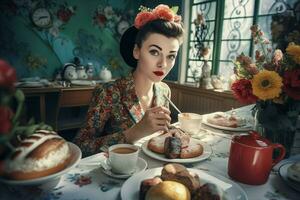 AI generated Retro woman having breakfast with dessert. Generate Ai photo