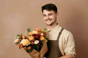 ai generado masculino flor vendedor. generar ai foto