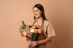 AI generated Saleswoman designer flowers smiling happy. Generate Ai photo