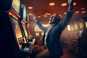 AI generated Winner casino jackpot joy person in suit. Generate Ai photo