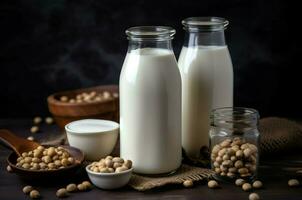 AI generated Vegan milk bottles. Generate Ai photo