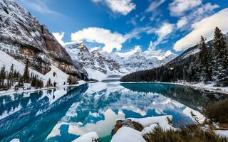 AI generated Majestic Winter Wonderland, Panoramic Serenity with Frozen Lake and Snow-Capped Mountains photo