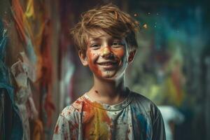 AI generated Smiling boy paint portrait colorful. Generate Ai photo