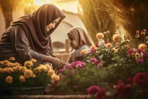 AI generated Arabian mother planting flowers. Generate AI photo