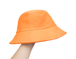 Hand covered with orange bucket hat PNG transparent