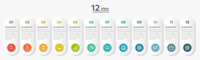 Infographic template with 12 capsule options for presentation and data visualization. Business process chart. Diagram with twelve steps to success vector