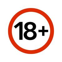 Red limit sign icon of 18 with plus age restriction sign. vector