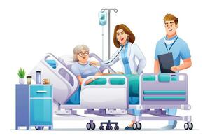 Doctor and nurse visit a senior woman lying on hospital bed. Patient hospitalization concept. Vector cartoon illustration