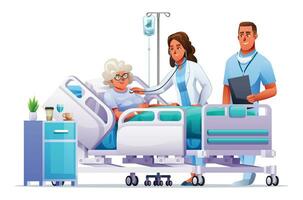 médico y enfermero visitar un mayor mujer acostado en hospital cama. cuidado de la salud médico concepto. vector dibujos animados ilustración