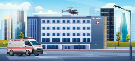 Hospital building with ambulance car and medical helicopter. Medical concept design background landscape illustration vector