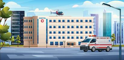 Hospital building with ambulance car and medical helicopter. Medical clinic concept design background landscape illustration vector
