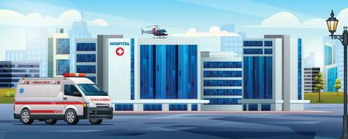 Public hospital building with ambulance car and medical helicopter. Medical concept design background landscape illustration vector