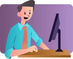 Cartoon man working on the computer vector illustartion on white background