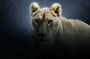 Close up of Female lion in the dark raining. photo