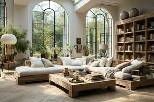 AI generated Scandinavian living room flooded with natural light through large windows photo