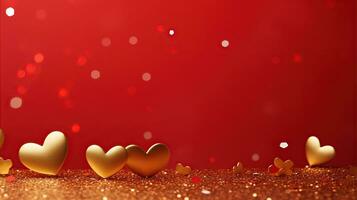 AI generated Golden confetti and pink hearts on a red background, copy space. Background of Valentines day concept. photo