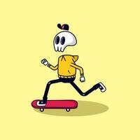 Cute skull playing skateboard vector lllustration, flat cartoon style