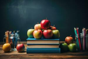 ai generado realista educación imagen salón de clases con libros lapices y manzanas generativo ai foto