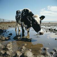 AI generated Realistic Photo Black and White Cow Drinking Water in Beach, Ox Looking at Camera Generative AI
