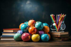 ai generado realista colegio día foto presentando salón de clases libros lapices manzanas para profesor día generativo ai