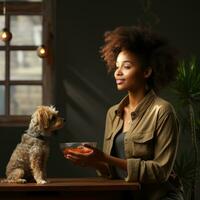 AI generated Realistic Morning Time Sunshine Image African Woman Playing with Pet Dog in Home Generative AI photo