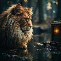 AI generated Realistic Image Animal Looking into Mirror in Room Night View with Light Bulb Generative AI photo