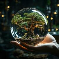 ai generado realista tierra cristal vaso globo pelota y árbol imagen generativo ai foto