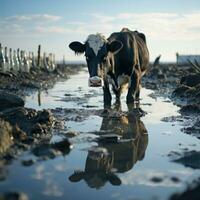 ai generado realista foto buey Bebiendo agua en playa, negro y blanco vaca mirando a cámara generativo ai