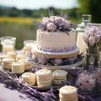 ai generado Boda celebracion foto realista imagen de postre buffet mesa con pastel generativo ai