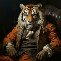 AI generated Tiger in Man Suit sitting on office chair Looking at Camera at Night Generative AI photo