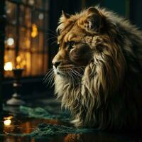 AI generated Realistic Night View Photo Lion Looking into Mirror in Room with Light Bulb Generative AI