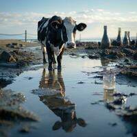 ai generado realista buey imagen Bebiendo agua en playa, negro y blanco vaca con vaso generativo ai foto