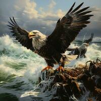 AI generated Realistic Image of Bird Eagles Attack Fish, Ready for Hunting in the Rocks Generative AI photo