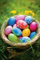 AI generated A close-up of a basket filled with vibrant Easter eggs in a grassy setting. photo