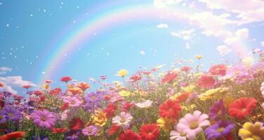 AI generated field of flowers with a rainbow behind it, photo