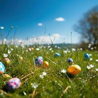 AI generated A grassy meadow with a clear blue sky and Easter eggs scattered throughout. photo