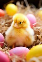 AI generated A fluffy yellow chick sitting among colorful eggs in a bed of straw. photo
